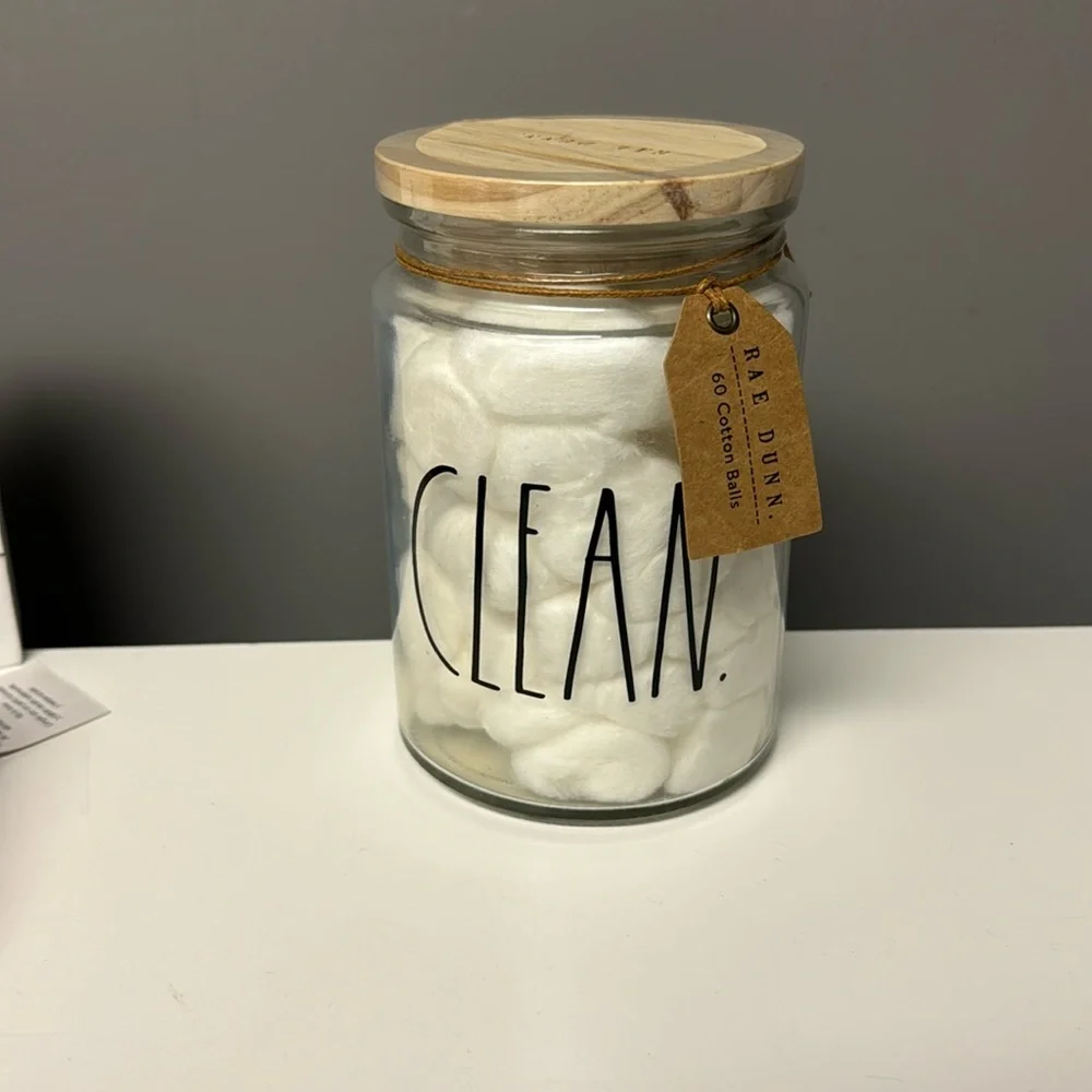 Rae Dunn Clean jar with cotton balls